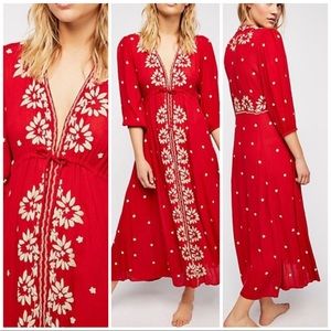 ree People Embroidered V Maxi Dress (Red)